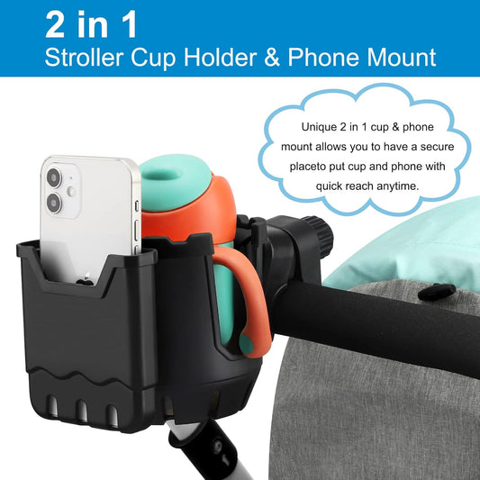 Stroller Cup Holder with Phone Holder, Universal Cup Holder, 2-in-1 Cup Phone Holder for Stroller, Bike, Walker, Wheelchair.