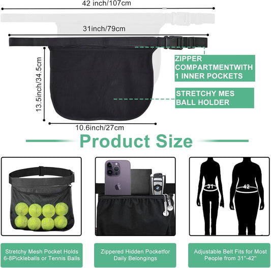 Tennis Ball Holder Ball Bag, Adjustable Pickleball Waist Pouch Holder, Pickleball Bags Holding 8-10 Tennis or Pickleball, Waist Hip Bag for Tennis, Cycling, Golf.