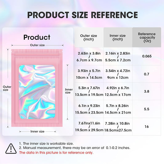 120PCS Smell Proof Mylar Bags,4"x6" Resealable Bag for Small Business,Holographic Packaging Bags with Clear Window,Foil Pouch Sample Snack Candy Jewelry Bag for Party Favors(Pink)