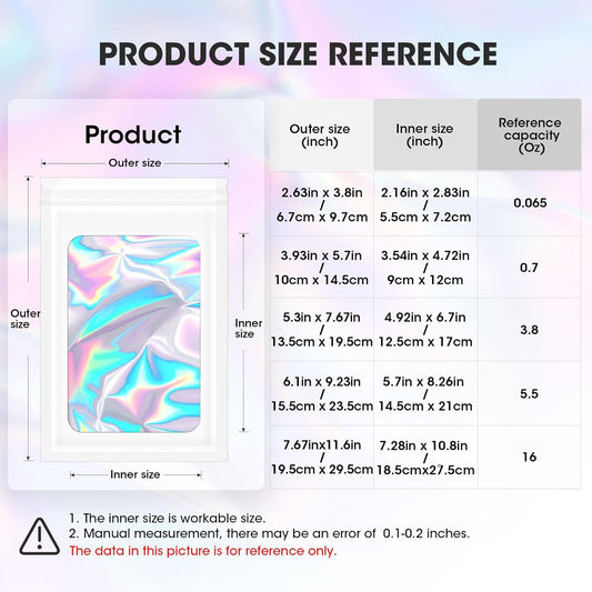120PCS Smell Proof Mylar Bags,7.8"x11.8" Resealable Bag for Small Business,Holographic Packaging Bags with Clear Window,Foil Pouch Sample Snack Candy Jewelry Bag for Party Favors(White)