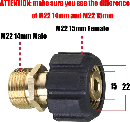 Pressure Washer Adapter, Metric M22 15mm Female Thread to M22 14mm Male Fitting, 4500 PSI