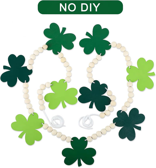 4.5 FT St.Patrick’s Day Shamrock Garland for Decorations, Wood Green Garland with Beads NO DIY, Clover St Patricks Banner Garlands for Mantle, Fireplace, Party Home Decor (Shamrock)