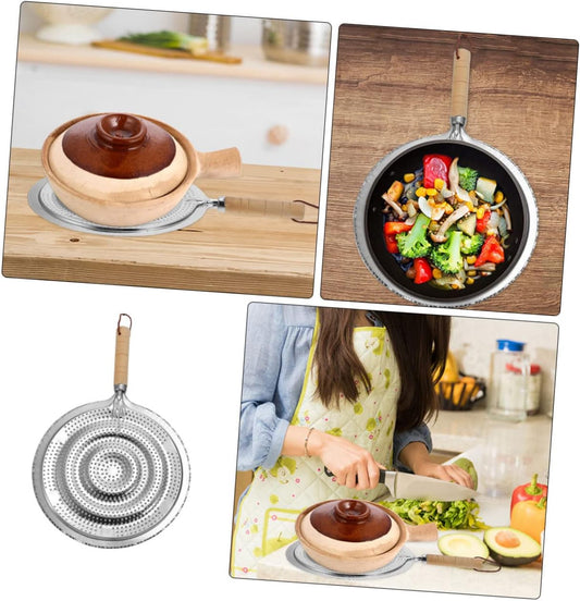 2 Pack Heat Resistant Pan Trivets Stainless Steel Table Mats with Wooden Handles and Hanging Ropes.