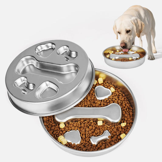2-in-1 Stainless Steel Dog Slow Feeder & Lick Mat Set of 2 - Dishwasher Safe - Anti-Skid Design for Pet Feeding.
