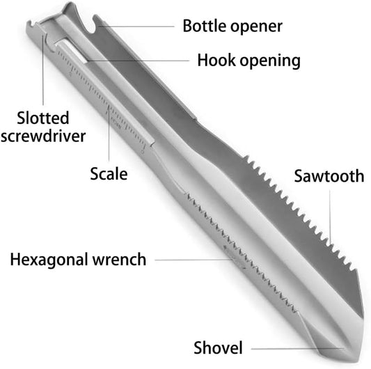 6-in-1 Mini Titanium Multitool Shovel Silver Camping Hiking Outdoor Portable Tool.