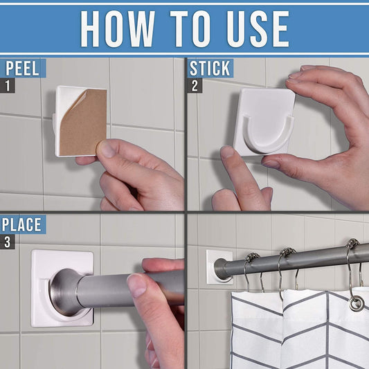 2 Pack White No Drill Shower Curtain Rod Holder Self Adhesive Wall Mounted Bracket