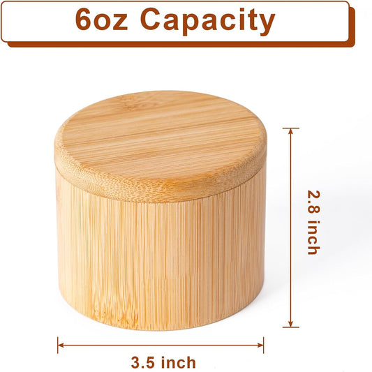 Bamboo Salt Grinder with Magnetic Rotating Lid Round Salt Container for Storing Salt Pepper Sugar and Spices 1 Piece.