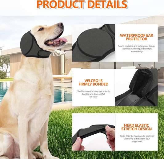 Dog Ear Covers Grey L-Shaped Soundproof No Cap Elastic Waterproof for Hematomas Bathing Drying Swimming Grooming Head Coverage.