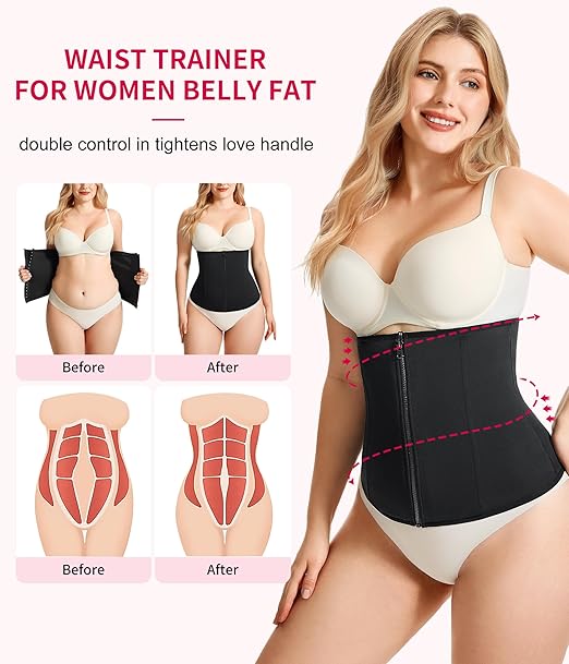 Women's Black Waist Trainer with Zipper Shapewear Tummy Control Body Shaper Sport Slimming Belt.