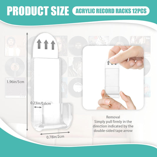 12 Pack Acrylic Transparent Vinyl Record Holder Wall Mount No Drilling Required Display Rack.