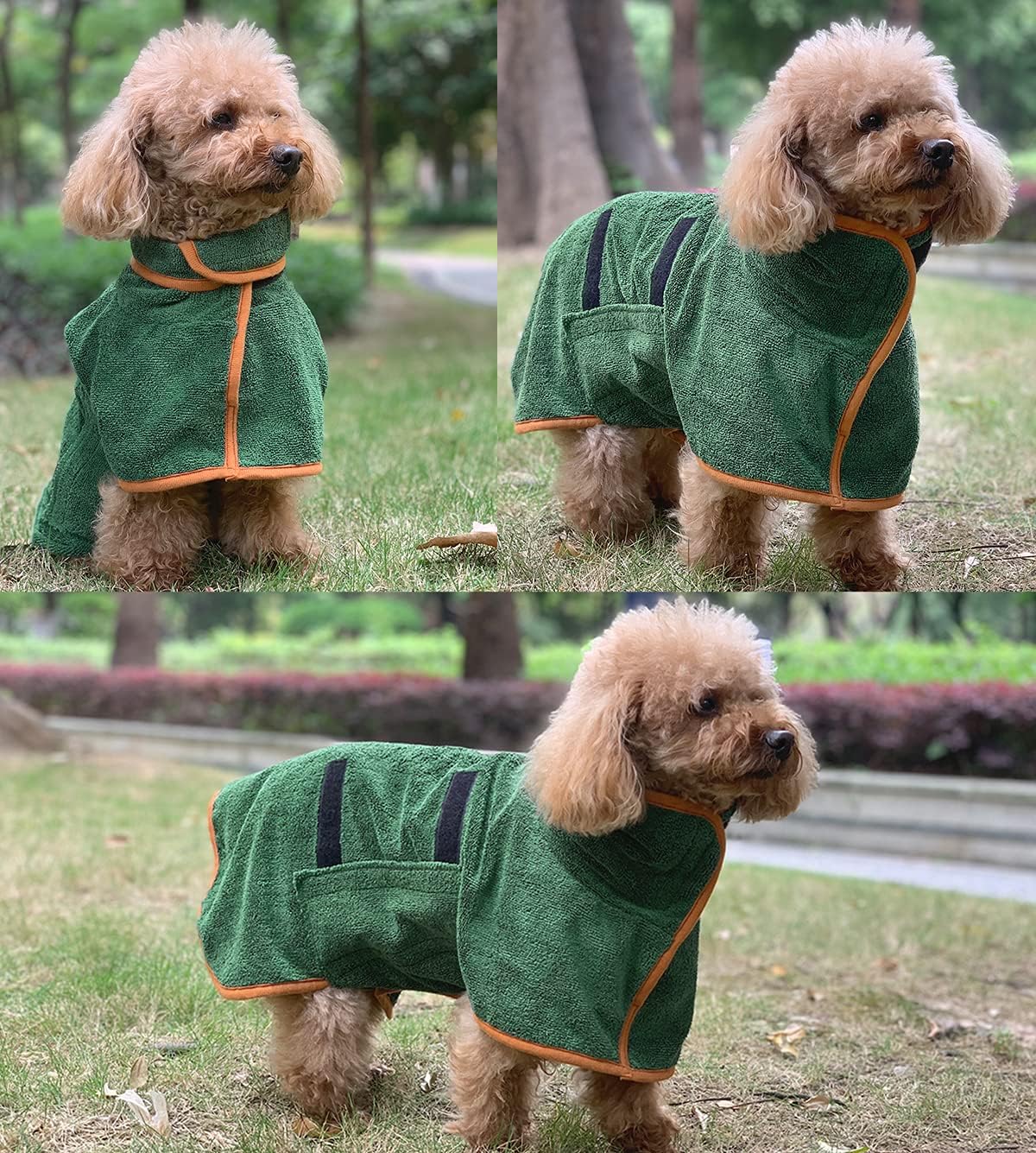 Green Dog Bathrobe with Orange Piping Size S - Adjustable Strap Pet Towel for Dogs