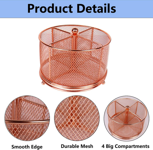 17x17x13cm Rose Gold Metal Mesh Desk Organizer Office Supplies Storage