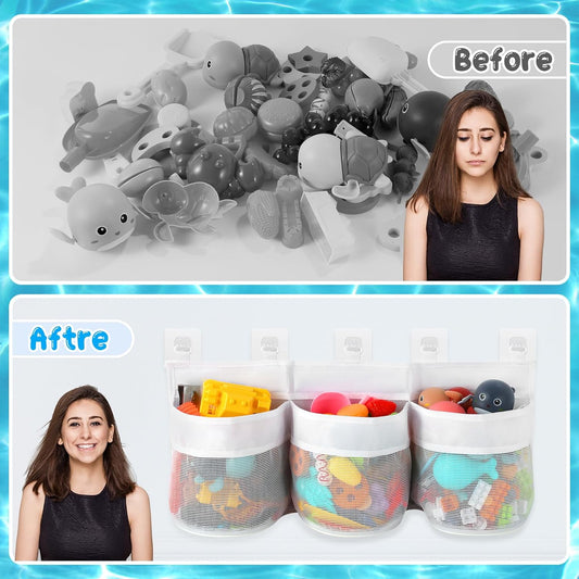 Bathroom Storage Bag with Three Compartments - Bath Toy Organizer - 23.8x9.8x4.7 Inch - White.