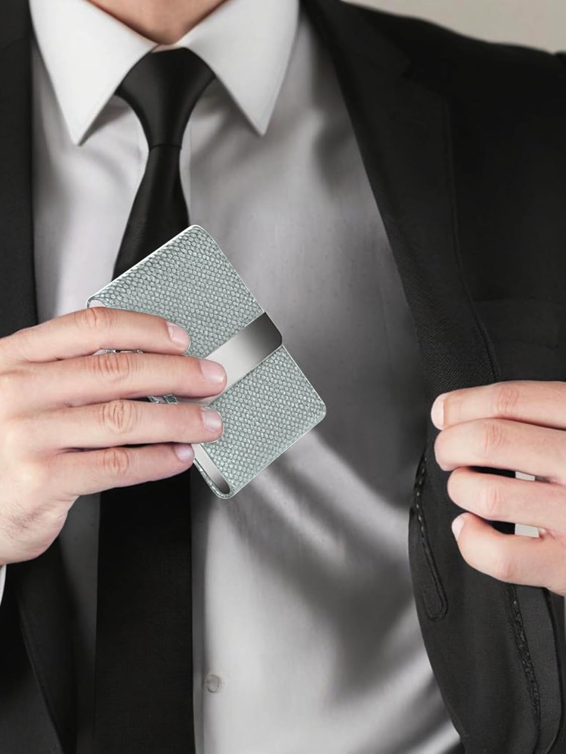 Men's Leather & Stainless Steel Magnetic Business Card Holder - Premium PU Leather & Metal Card Case - Forest Green.