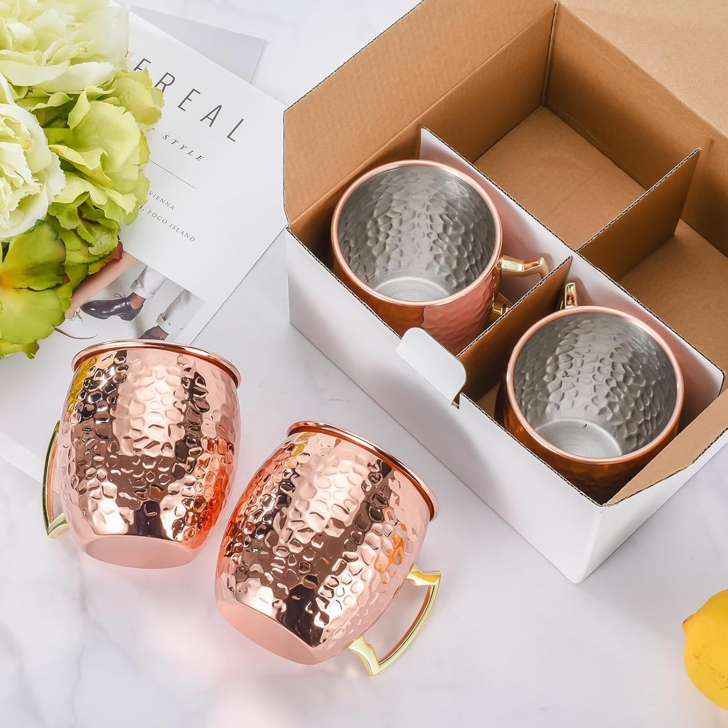 Moscow Mule Mugs Set of 4, 16 OZ Hammered Copper Cups with 304 Stainless Steel Lining and Gold Brass Handles, for Cold Drinks, Beer, Wine, Bars, Parties