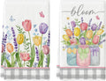 Buffalo Plaid Tulip Bloom Vase Spring Kitchen Towels Dish Towels, 18x26 Inch Farmhouse Summer Floral Decoration Hand Towels Set of 2