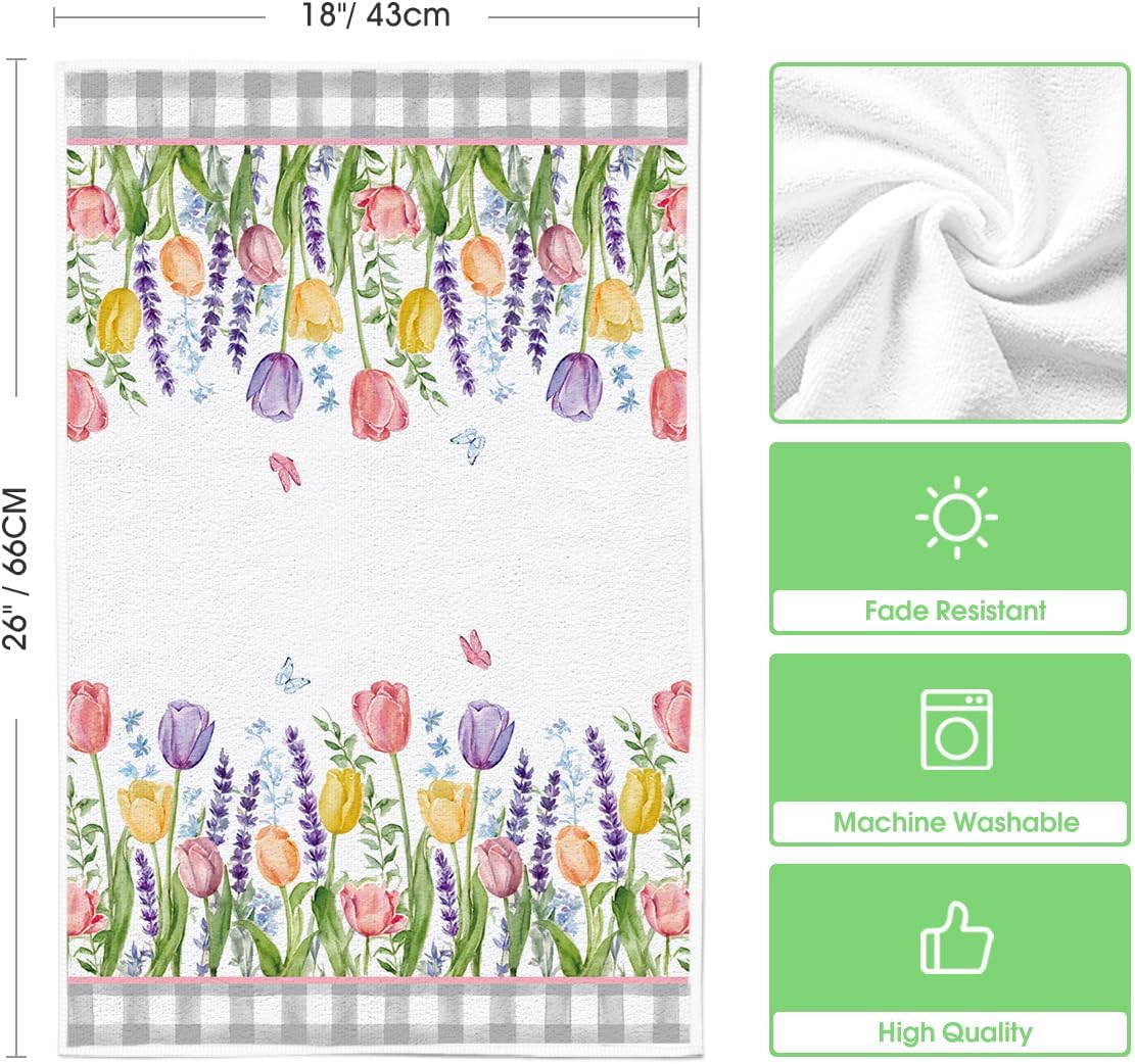 Buffalo Plaid Tulip Bloom Vase Spring Kitchen Towels Dish Towels, 18x26 Inch Farmhouse Summer Floral Decoration Hand Towels Set of 2