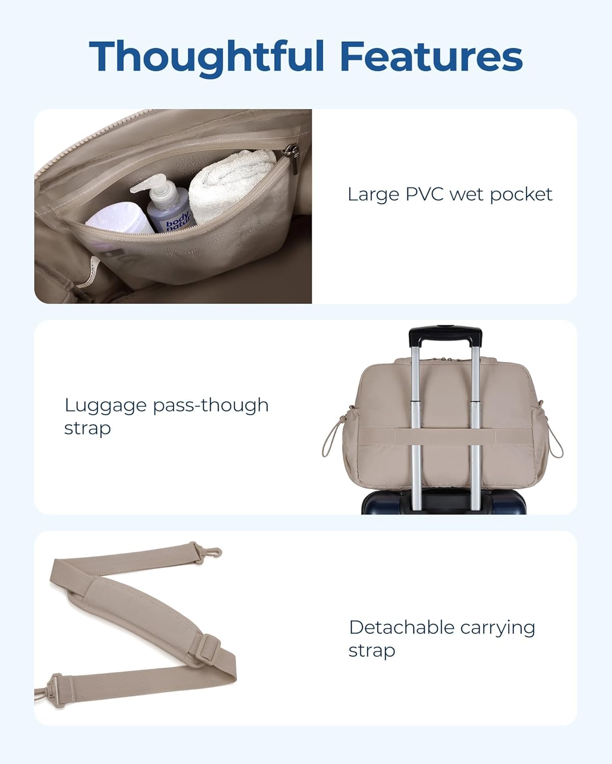 Gym Bag for Woman, 24L Carry on Travel Duffle Bag with Wet Pocket, Water Resistant Weekender Bags for Sports, Trips, Camel