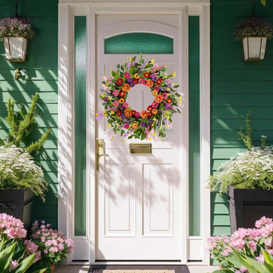 Artificial Spring Wreath 22 Inch Summer Wreaths for Front Door with Green Eucalyptus Leaves Pink Daisy Lavender Spring Door Wreath for Farmhouse Wall Wedding Home Porch Easter
