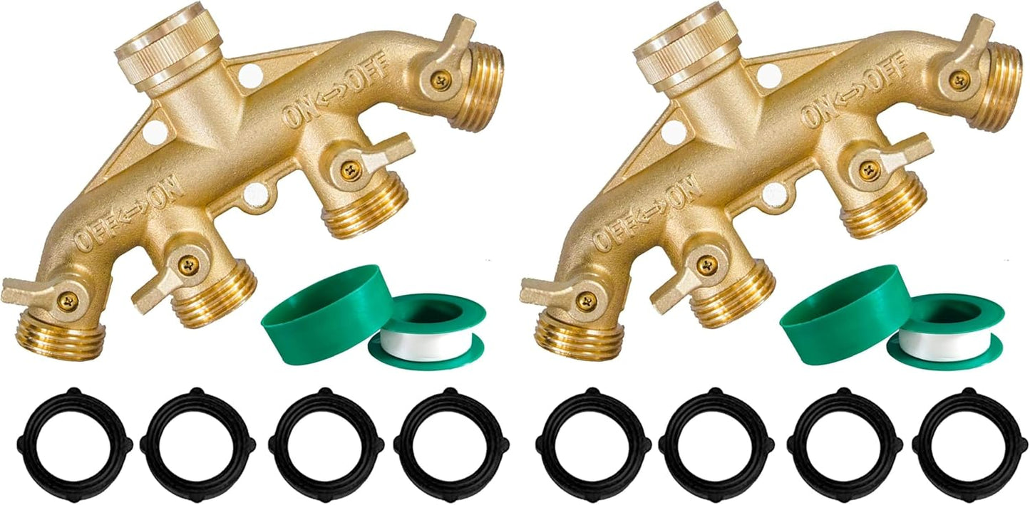 Brass Garden Hose Splitter (4 Way), Solid Brass Hose Connector 3/4", Hose Spigot Adapter 4 Valves with 4 Extra Rubber Washers (Pack of 2)
