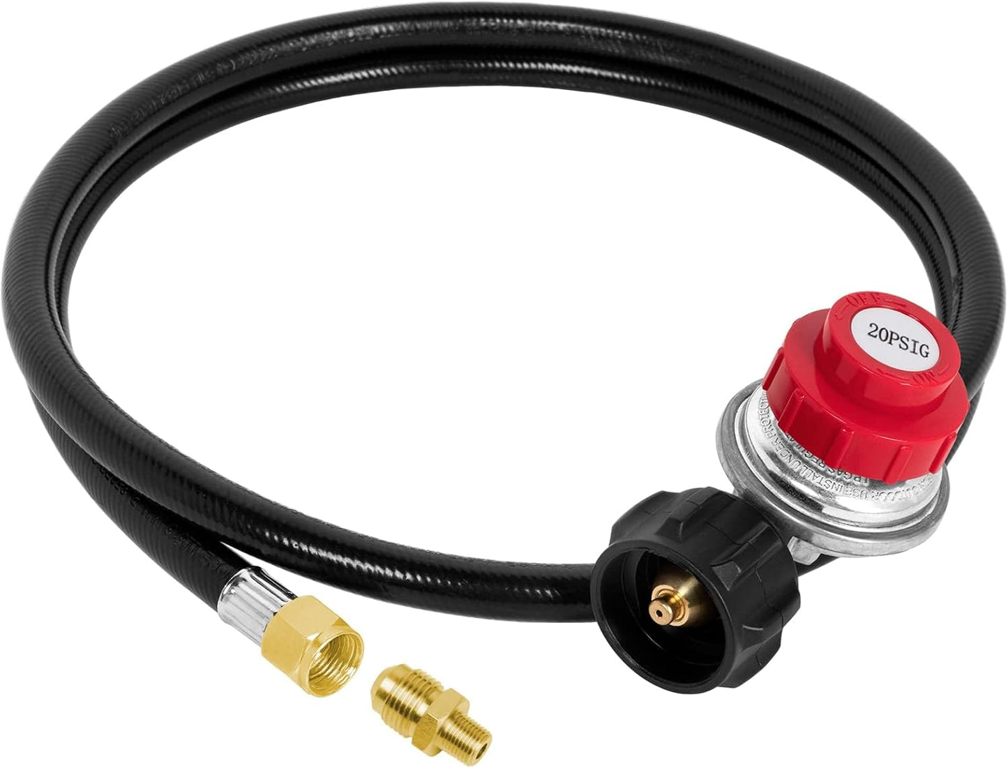 0-20 PSI Adjustable Propane Regulator and Hose with Brass Adapter, 5 Feet Gas Burner Hose Replacement for Turkey Fryer, Fish Cooker, Fire Pit, Forge and more.