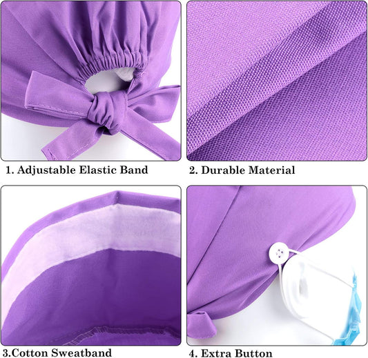 5 Pcs Surgical Working Caps with Button Adjustable Gourd Shaped Bouffant Working Hats with Sweatband Tie Back
