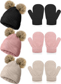 3 Set Toddler Hat Glove Set, Kids Winter Hats Warm Knitted Beanie Mittens Gloves with Bow for Baby Girls Boys 0-6Y