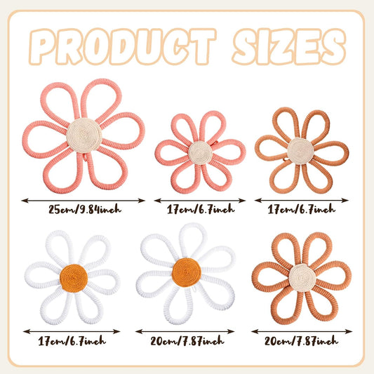 6 Pcs Boho Nursery Decor Daisy Flower Woven Macrame Wall Hanging 3 Size Daisy Flower Wall Decor Bohemian Nursery Decorations for Home Dorm Art(Pink, Brown, White)