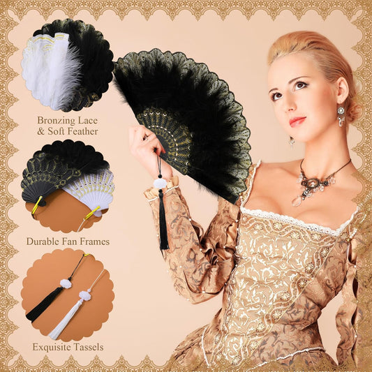 12 Sets Marabou Feather Fan Bulk 20s Folding Fan Wedding Party Favor Lace Vintage Embroidered Flapper Costume Women Dancing Party (White,Black)
