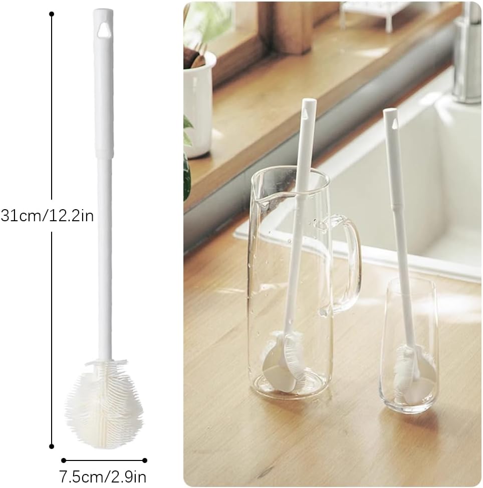 Soft Bristle Silicone Cup Brush, Upgrade 360°Silicone Cup Brush Long Handle Water Bottle Brush Cleaner, Cup Cleaner Brush Cup Lid Cleaning Brush for Narrow Neck containers (1, White)