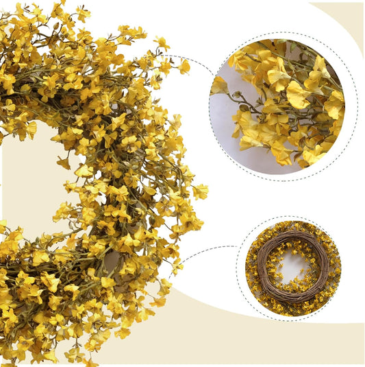 22 Inch Bright Yellow Forsythia Flower Wreath for Front Door, Spring Artificial Flower Wreath for Indoor Outdoor, Everyday Floral Wreath for Home Decor