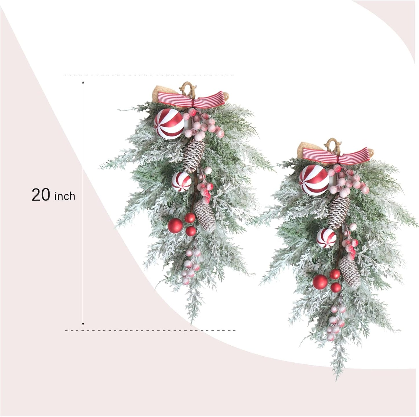 2 PCS 20” Christmas Candy Cane Frosted Pine Needle Teardrop Swag Wreath for Front Door, Xmas Swag with Red White Balls and Berries for Indoor Outdoor, Christmas Window Mailbox Decor Teardrop
