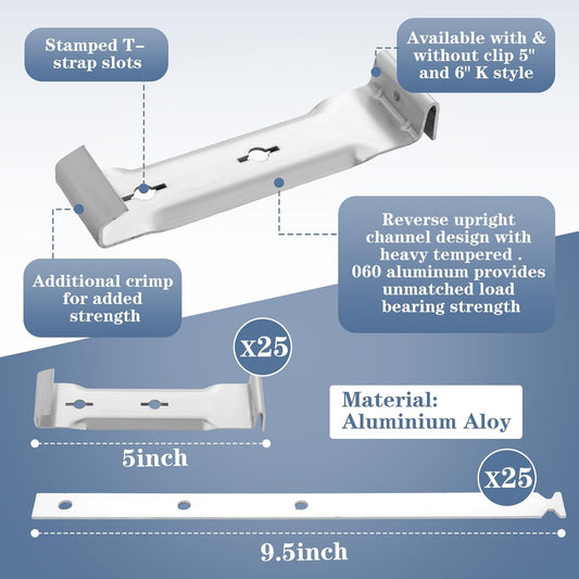 25 Sets 5" Aluminum Roof Gutter Hanger with Straps for Fixing Without Eaves, Ideal for Aluminum and Steel Gutters, Strong and Durable Roof Gutter Support Solution