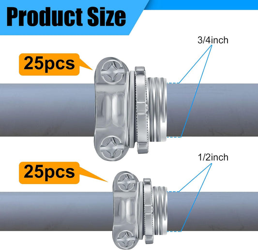 50 Pcs 3/4 Inch 1/2 Inch Cable Connectors, Clamp Type Cable Connectors Conduit Clamp for Electric Wires Metallic Conduit Protect Cables Silver Zinc