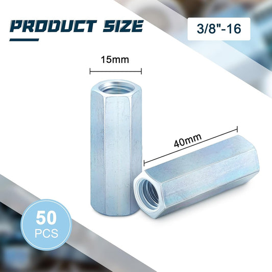 50 Pcs Coarse Coupling Nuts 3/8''-16, Zinc Plated Carbon Steel