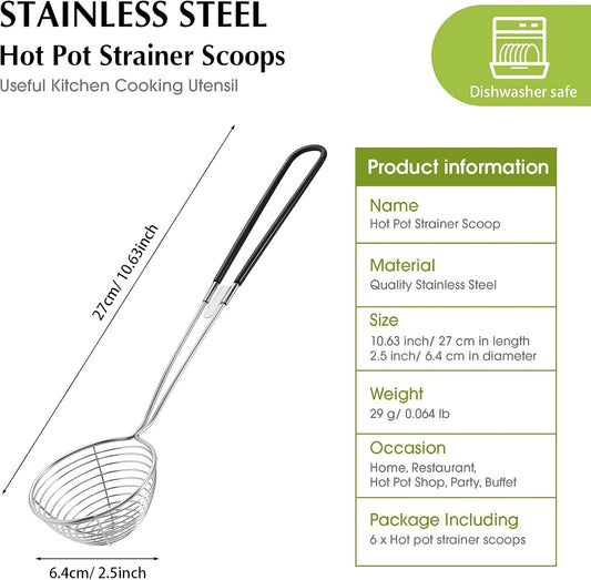 6 Pieces Hot Pot Kit Strainer Scoops Stainless Steel 2.5 Inch Mini Spider Strainer Skimmer Pasta Mesh Spoon Asian Skimmer Spoon Ladle with Handle for Home (Black)