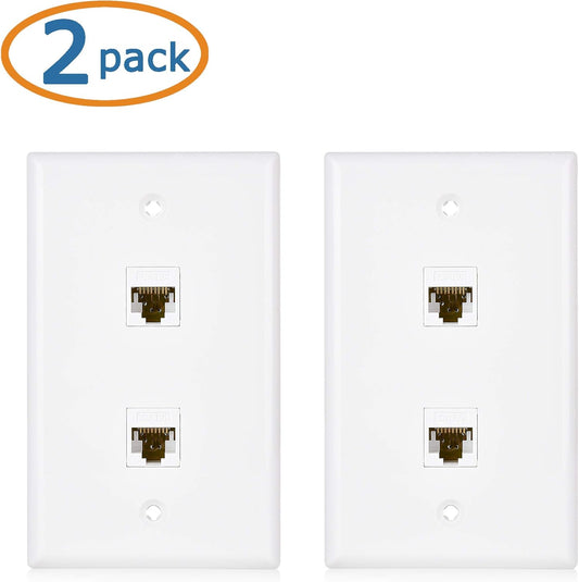 2-Pack 2-Port Ethernet Wall Plate, Cat6 Wall Plate with White RJ45 Keystone Jack, Ethernet Jack Outlet in White
