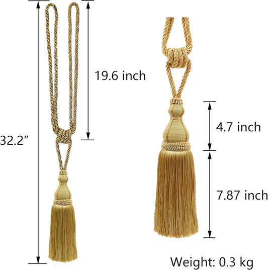 2 Pack Tassel Curtain Tiebacks Holdback Large Handmade Drapery Tie-Backs Rope Home Office Hotel Elegant Decorative (Gold)