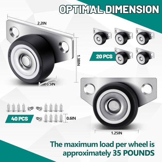 20 Set 1.25 Inch Small Side Mount Caster Wheels Little Drawer Rollers Mini Low Profile Casters Non Swivel Rigid Casters Wheels with Screws for Drawers, Wooden Furniture, Trays, DIY Project