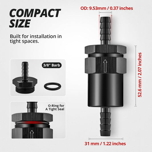 3/8" Barb Billet Inline Fuel Filter 30 Micron Aluminum Black for Car EFI & Carb Fuel Systems, Motorcycle and Boats