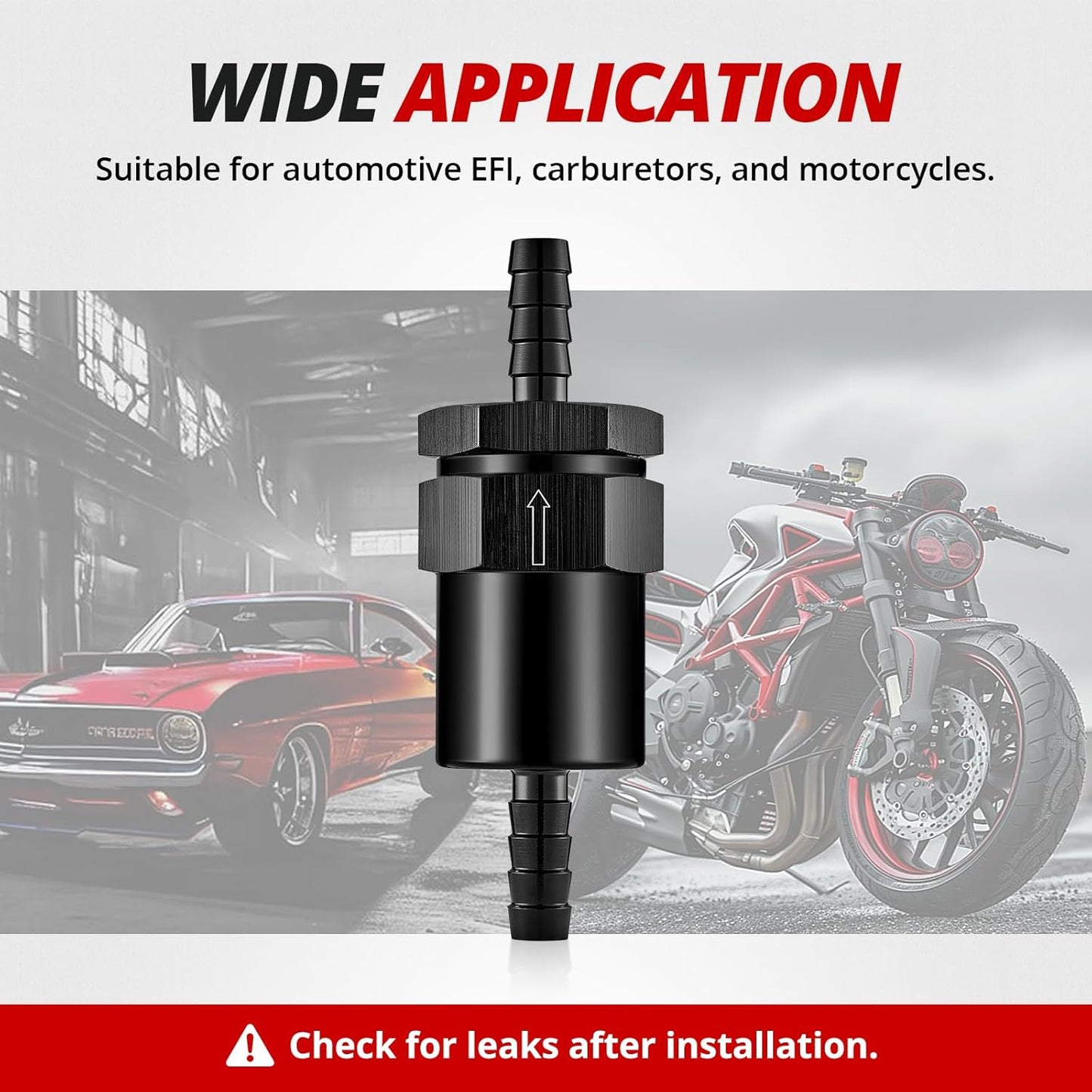 3/8" Barb Billet Inline Fuel Filter 30 Micron Aluminum Black for Car EFI & Carb Fuel Systems, Motorcycle and Boats