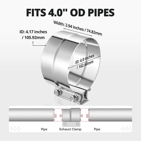 4.0'' Exhaust Clamp, Lap Joint Band Clamp Stainless Steel for Pipes, Mufflers, Catalytic Converters (1PCS, 4.0 inch).