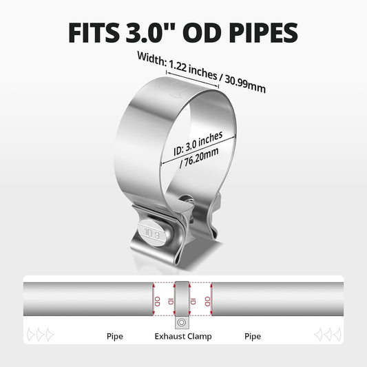 3 inch Exhaust Clamp, 3" Narrow Band Muffler Clamp Stainless Steel for Heavy-duty Exhaust systems, Downpipes, Catback Exhausts, Mufflers,Tailpipes 4 Pack