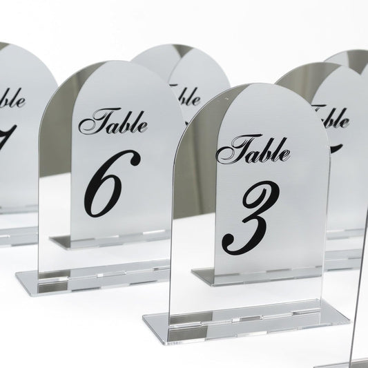 Efavormart Wedding Table Numbers 1-10 – Silver Mirror Arch Acrylic with Black Print & Stands for Elegant Receptions - 6"x7"