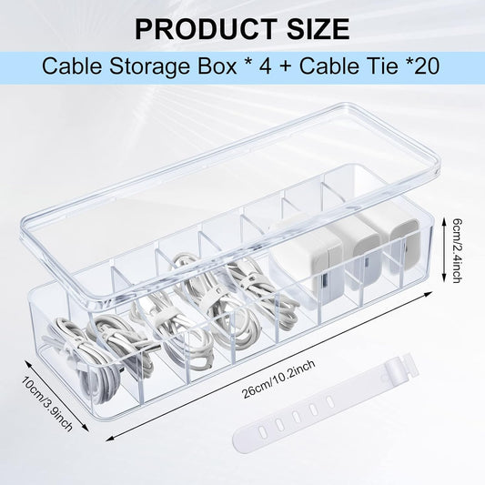 4 Pcs Cable Organizer Box with Wire Ties, Plastic Cord Storage Box with Lid, Electronics Organizer for Home Office Desk Organizers and Accessories (Clear)