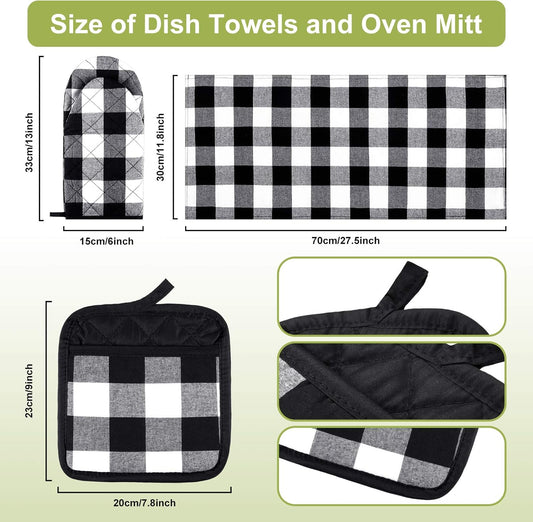 7 Pieces Buffalo Check Dish Towels Pot Holders Oven Mitts Set Cotton Plaid Kitchen Dish Towels Non-Slip Heat Resistant Oven Mitts and Pot Holders for Cooking Baking Grilling Supply (Black with White)