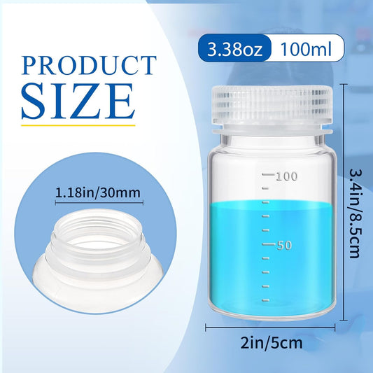 12 Pcs Plastic Sample Bottles with Screw Cap, Liquid Containers with Lid for Lab Reagent Sample Medicine Pill Water Storage, Travel Bottles(Clear,3oz 100ml,Wide Mouth-white Scale)