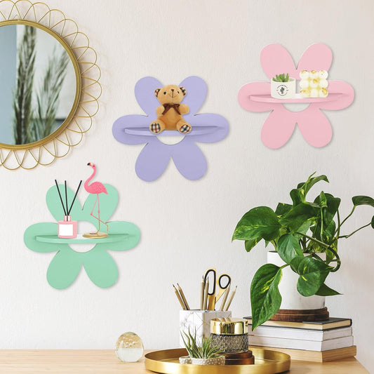 6 Pcs Daisy Flower Shaped Wall Floating Shelves, Small Cute Wooden Flower Shelf Wall Decor for Girls Bedroom, Nursery, Dorm and Living Room, Colorful Funky Kawaii Aesthetic Room Decor