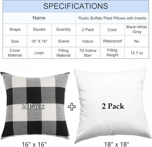 Rustic Buffalo Plaid Pillows with Inserts Set of 2, Retro Cotton Linen Decorative Throw Pillows for Front Porch Patio Decor, Classic Home Decor for Sofa Bed Couch(Black White, 16" x 16")