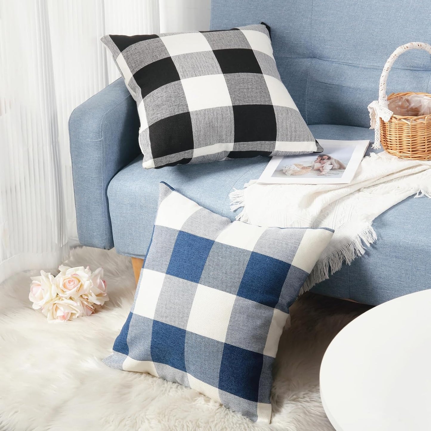 Rustic Buffalo Plaid Pillows with Inserts Set of 2, Retro Cotton Linen Decorative Throw Pillows for Front Porch Patio Decor, Classic Home Decor for Sofa Bed Couch(Black White, 16" x 16")